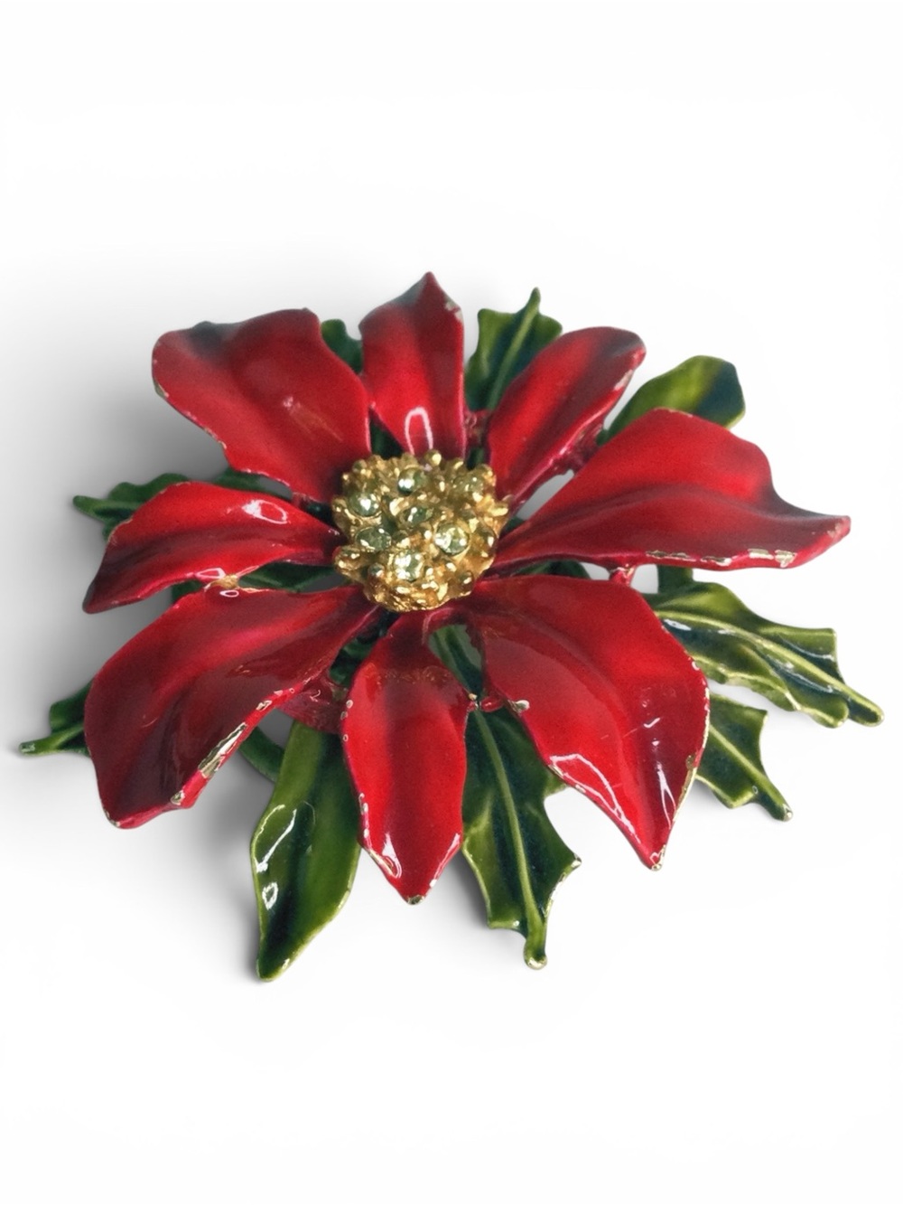Vintage Signed ARTHUR PEPPER Red Enamel Poinsettia Holiday Brooch – Gold‑Tone - Picture 9 of 12